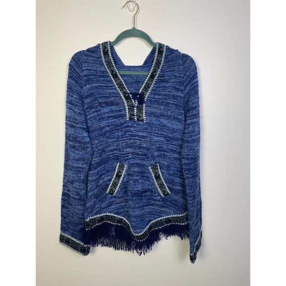 Vintage Retro Womens Blue Alpaca Hoodie, 70s Boho Sweater with finge, Size S - Picture 1 of 5